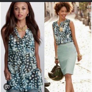 Cabi Avery Sleeveless Top Blue/White Abstract Pattern Womens M Career Office